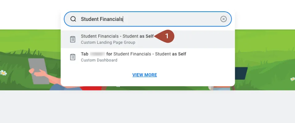 A search dialog box with “Student Financials” typed into the search field shows results including “Student Financials – Student as Self” (Custom Landing Page Group) and a related custom dashboard tab, with a “View More” link below.