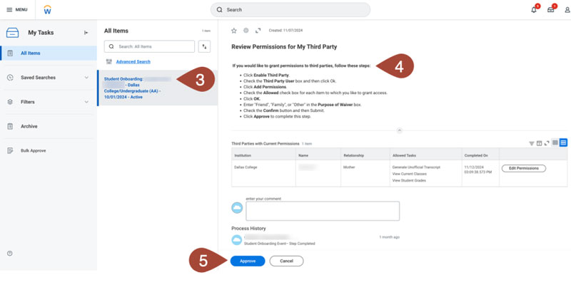 Screenshot of the action items listed in the middle column of the open task box (3) and review permissions for my third party (4).