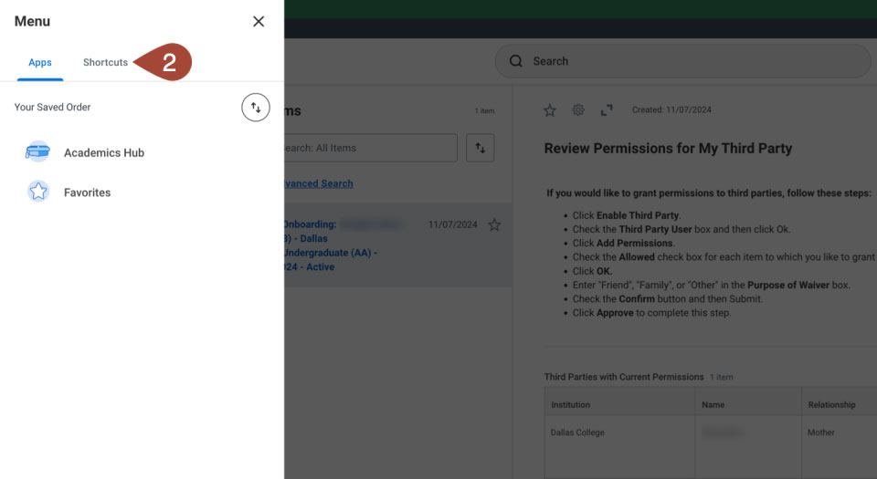 Screenshot of the Shortcuts tab at the top of the menu(2).