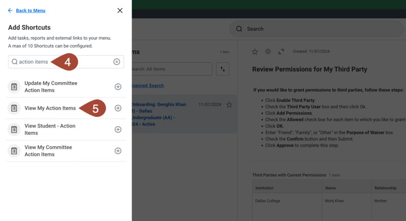 Screenshot of the search bar where you type the phrase 'Action Items' (4) and 'View My Action Items' from the resulting list (5