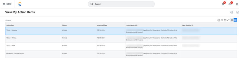 Screenshot of the View My Action Items page displays all action items, indicating which have been completed or waived.