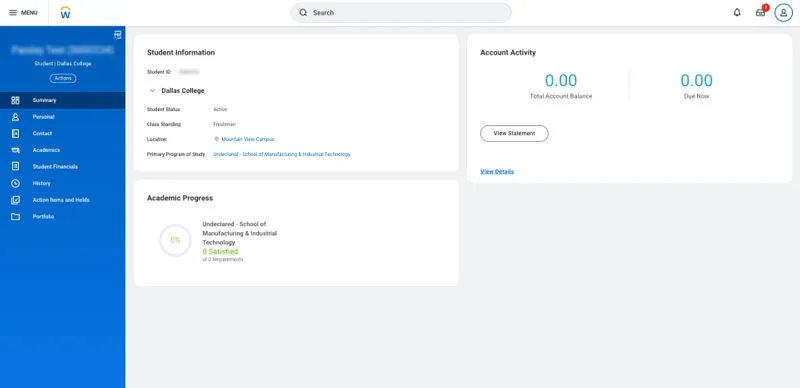 Screenshot of the Workday Student Profile page displaying academic and financial information.
