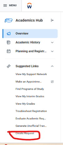 Screenshot of a website’s left-hand navigation menu titled “Academics Hub.” The “Overview” section is selected. Below are menu items including Academic History, Planning and Registration, and Suggested Links with options such as View My Grades and View My Transcript. The “Create Request” link at the bottom is circled in red for emphasis.