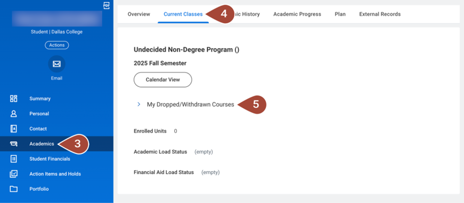 Screenshot showing the academics tab and the courses tab under academics