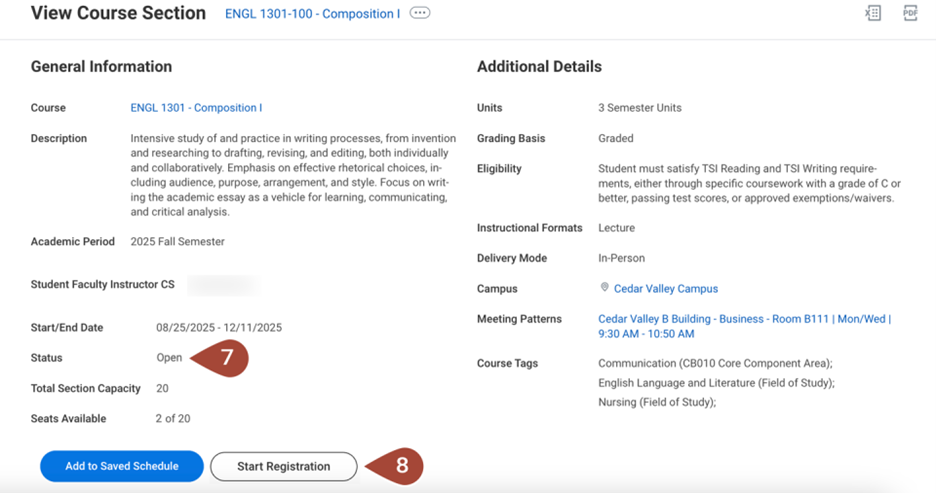 Screenshot showing course information with the course status and registration button highlighted