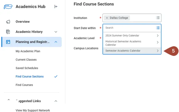 Screenshot of Workday academics hub, highlighting the drop down in the Find Courses Section screen