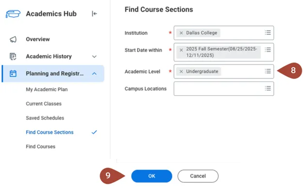 Screenshot of Workday, highlighting the selection of Undergraduate courses in the Find Course screen
