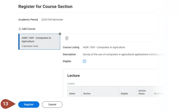 Screenshot of Workday Register for Course Section, highlighting the Register button at the bottom of the screen.