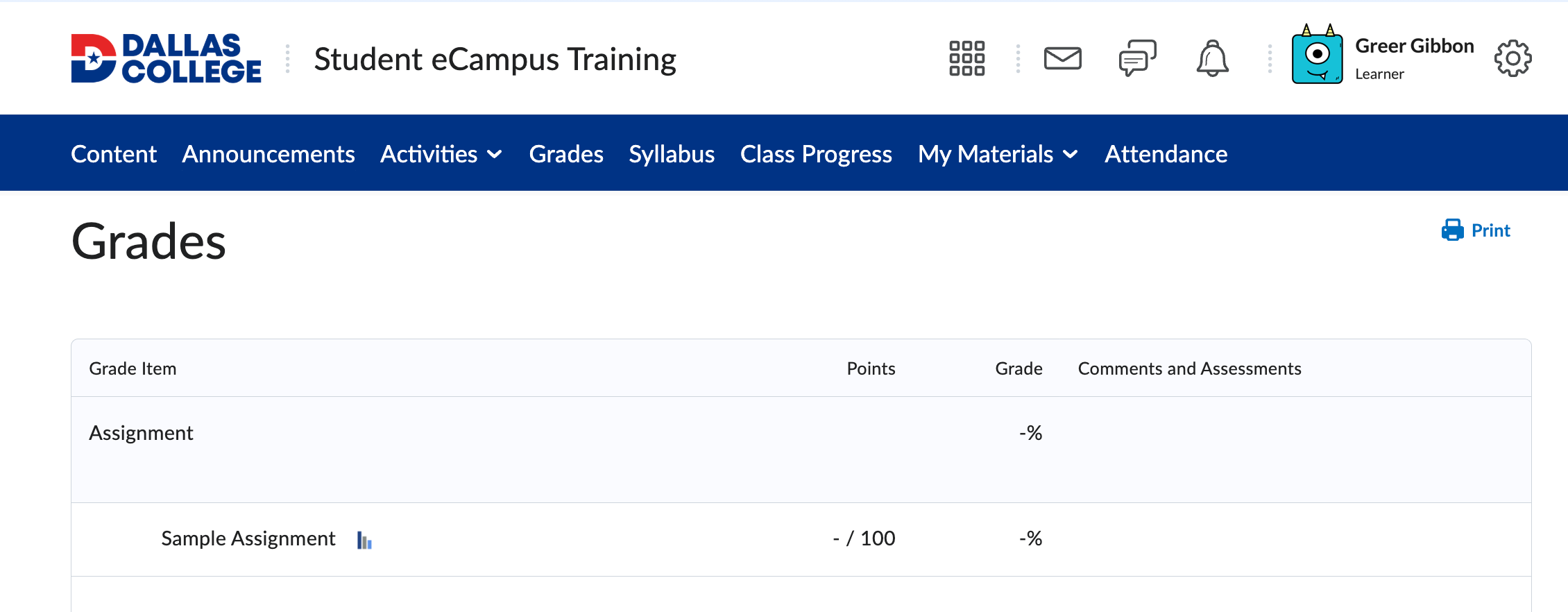 eCampus Grades page. The table below the title, “Grades”, has a Grade Item category of “Assignments”. The first assignment is listed as a “Sample Assignment”, which does not have any points associated and hasn’t been graded. The three accompanying columns for the number of points received, grade percentage, and comments and assessments are all blank.