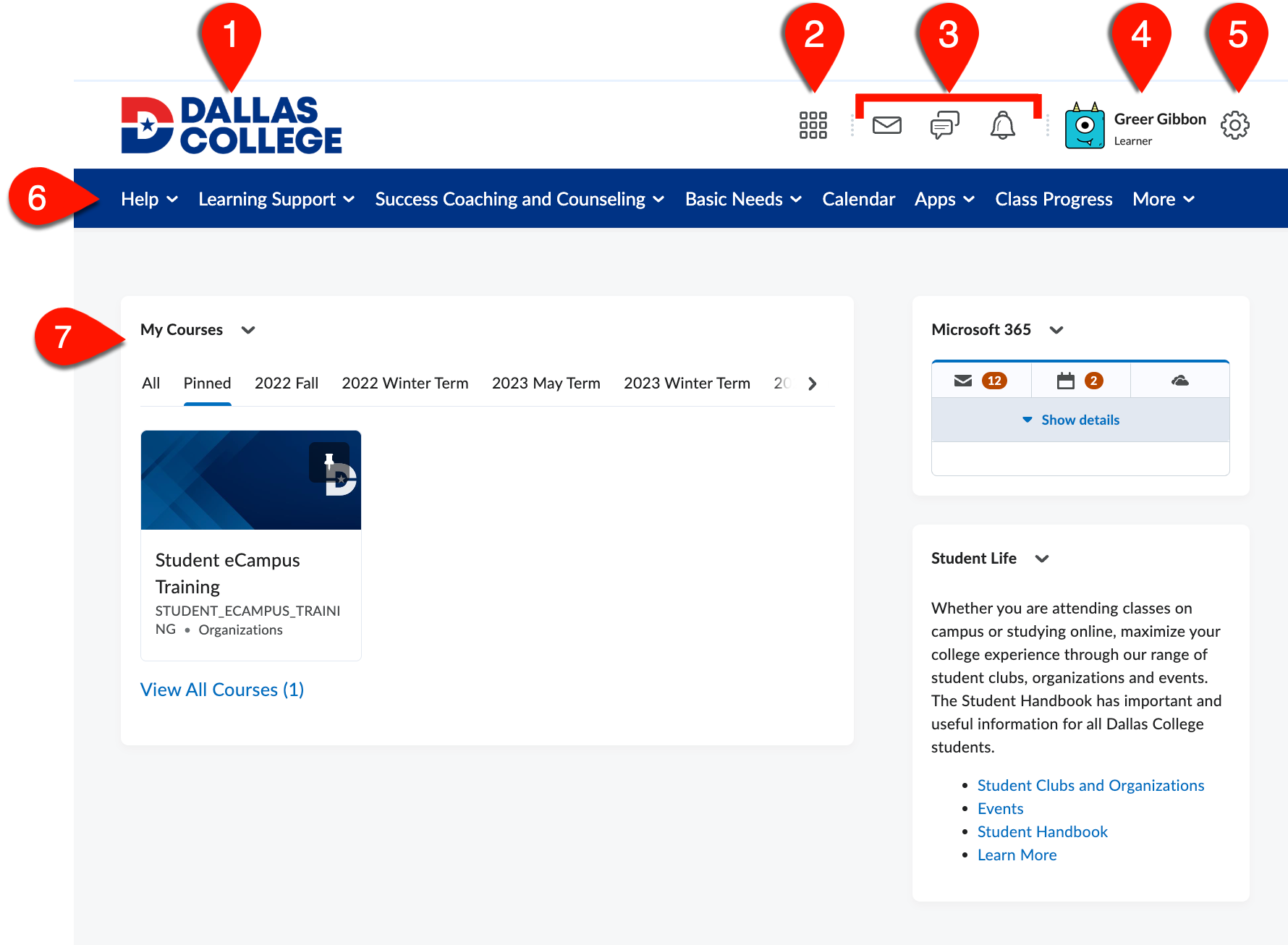 The eCampus homepage showing important parts of the page. Label 1 shows the Dallas College logo that links to the Dallas College website. Label 2 shows the Course Selector icon used to find courses. Label 3 shows the Messages, Subscriptions, and Updates icons. Label 4 shows your profile picture and name. Label 5 shows the Settings icon. Label 6 shows the blue navigation bar (navbar). Below the nav