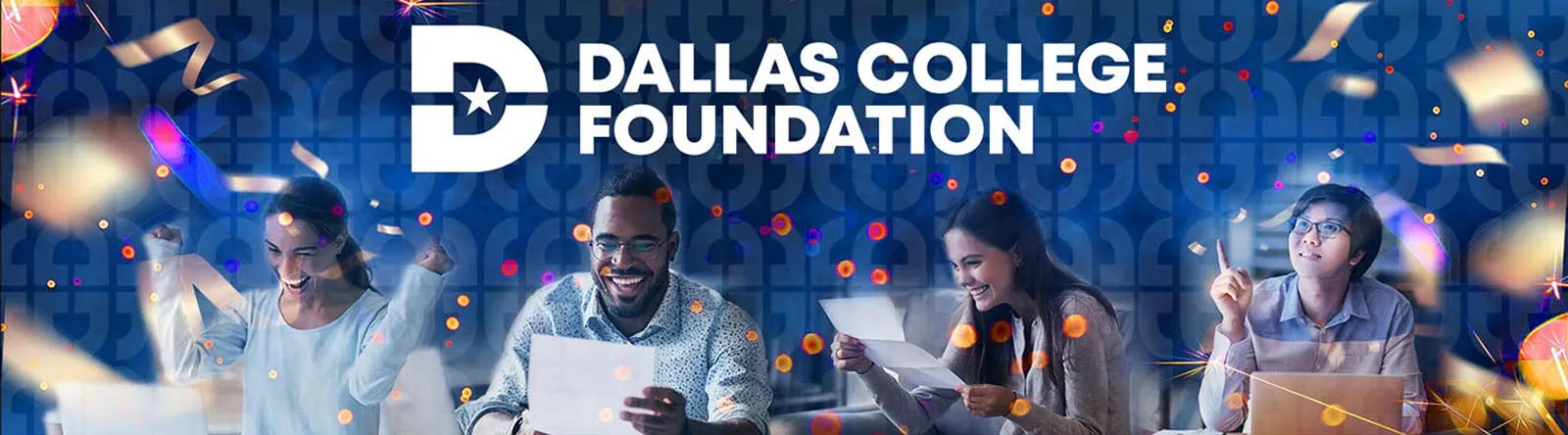 Various students studying and celebrating with Dallas College background