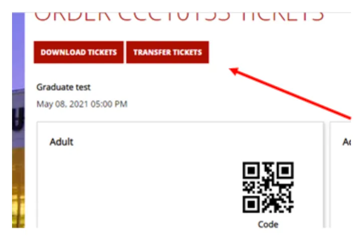 Order confirmation page showing options to download tickets or transfer tickets, with ticket details and a QR code