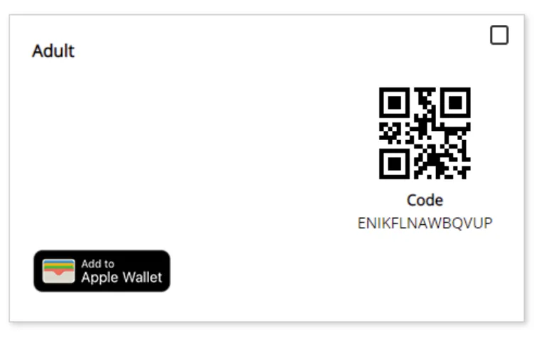 Adult ticket displaying a QR code for entry and an option to add the ticket to Apple Wallet