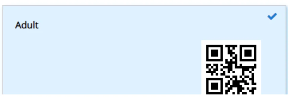 Selected adult ticket showing a QR code for entry confirmation