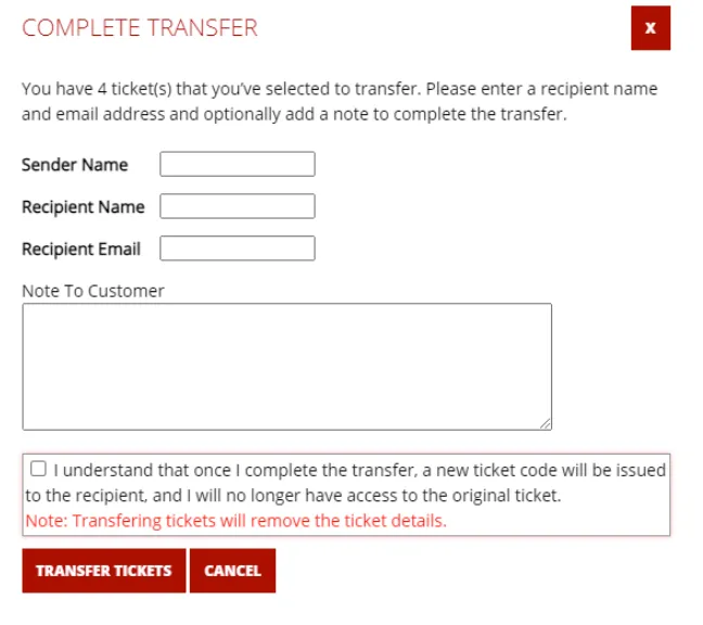 Complete transfer form for four selected tickets, including fields for sender name, recipient name, recipient email, an optional note, a confirmation checkbox, and buttons to transfer tickets or cancel