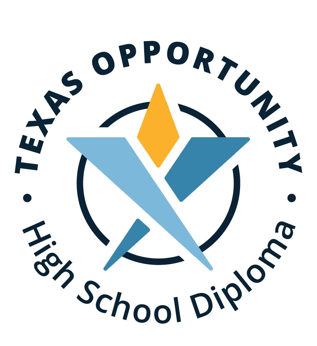 Texas Opportunity High School Diploma logo featuring a stylized abstract star in blue and gold inside a circular seal