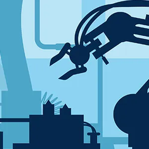 Abstract illustration of a robotic arm in a factory, highlighted in shades of blue
