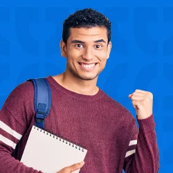 a young man with a backpack, wearing a maroon sweater, smiling and raising his fist in excitement