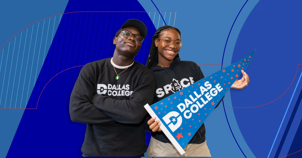 Two students standing together, one wearing a 'DALLAS COLLEGE' sweatshirt and the other holding a blue 'DALLAS COLLEGE' pennant, with a blue geometric background