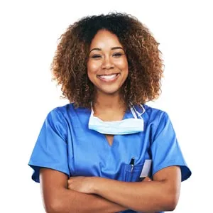 A nurse wears scrubs and a stethoscope around her neck