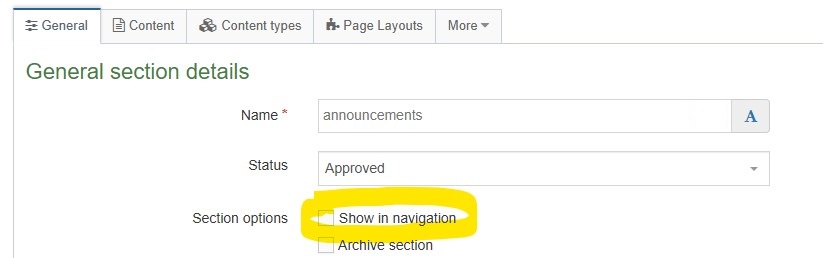 Screenshot highlighting the show in navigation element unchecked