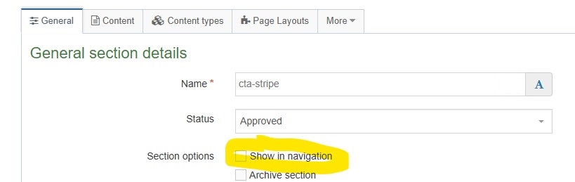 Screenshot showing example set up for cta-stripe child section