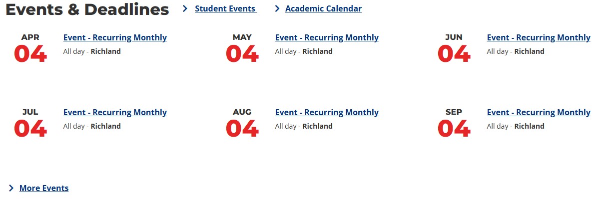 Screenshot example of events block content type