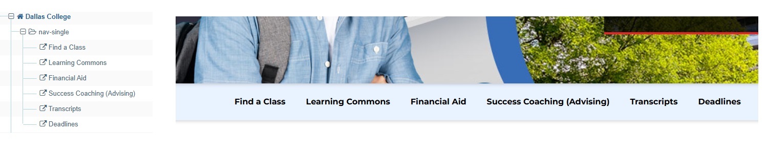 Screenshot showing example set up for horizontal navigation manual option
