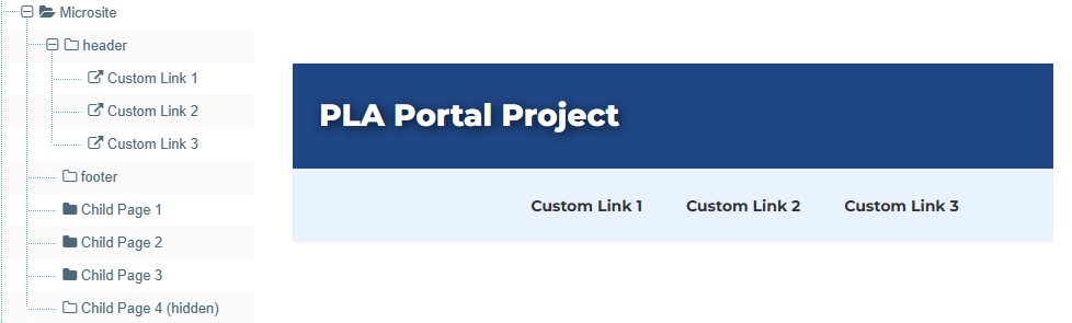 Screenshots showing example set up for Microsite header with manual navigation options