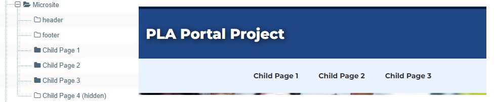 Screenshot showing example Microsite Header automatic main navigation