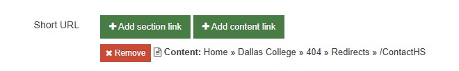 Screenshot showing example redirect content item added to section using short url element