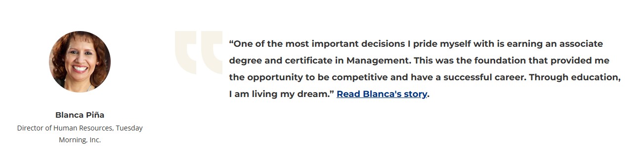 Screenshot example of testimonial content type